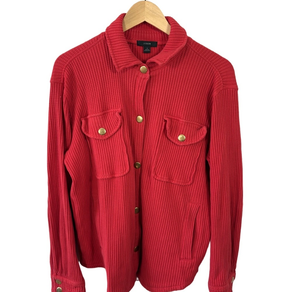 J.Crew Red Waffle Knit Shirt Jacket Snap Front Shacket Size M